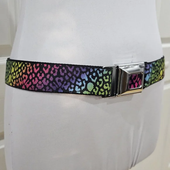Vintage Y2K Hot Topic Punk Rainbow Pride Animal Print Seatbelt Buckle Belt OS - Picture 3 of 14